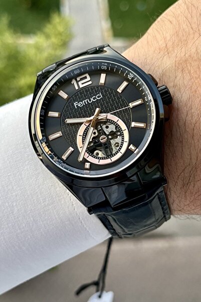 Ferrucci Siyah Renk Otomatik Deri Kordon Erkek Kol Saati FCISTE138
