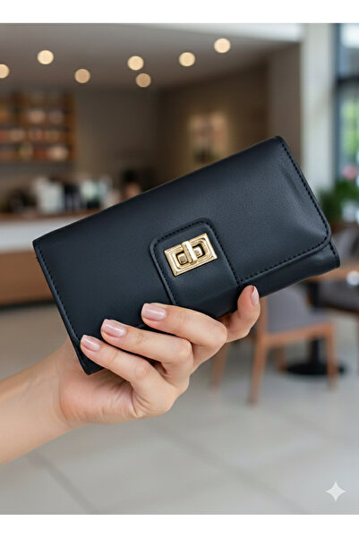 PurpleART Women's Black Lock Closure Large Size Horizontal Wallet 10X16Cm