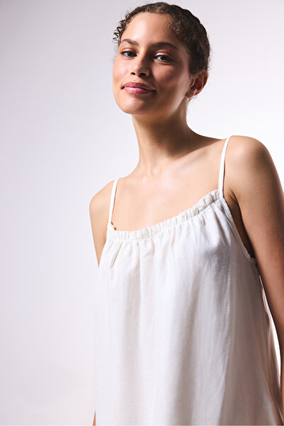 Penti White Natural Linen Square Neck Long Dress