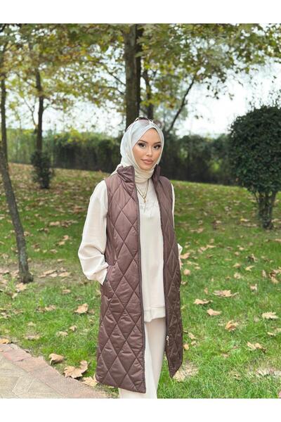 Minel Дамска кафява дълга ватирана жилетка