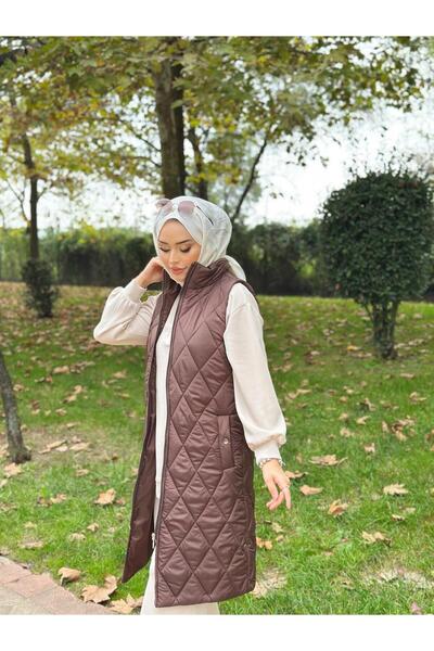 Minel Дамска кафява дълга ватирана жилетка