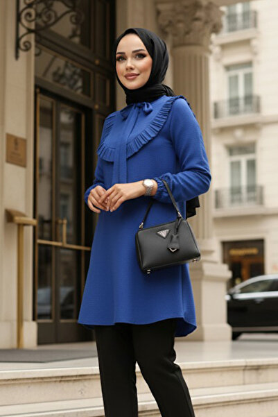 N.S NEVA STYLE Ruffle Detailed Sax Blue Hijab Tunic 6682Sx