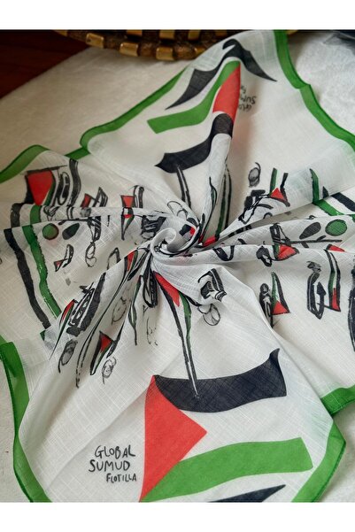 HURİSÖNMEZ Sumud Fleet Themed Palestinian Flag Girl's Scarf 80*80 cm Cotton-Linen