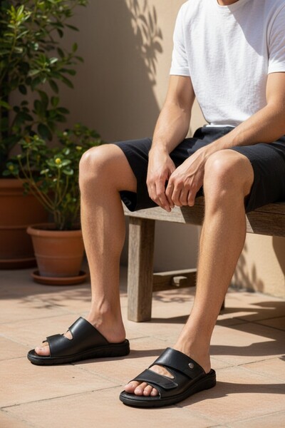 Konfores Μοντέλο 2041 - Σόλα μασάζ, Γνήσιο δέρμα, Ανατομικές Ανδρικές Παντόφλες