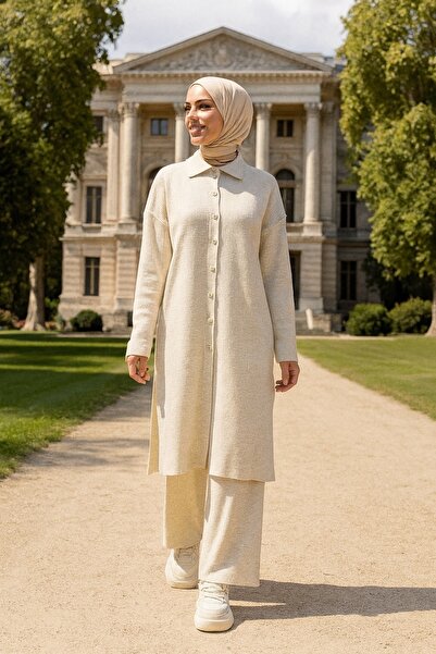 Neva Style Collared Beige Hijab Knitwear Double Set 34181Bej