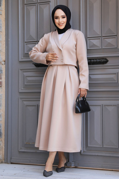 Neva Style Jacketed Beige Hijab Skirted Two-Piece Set 681Bej