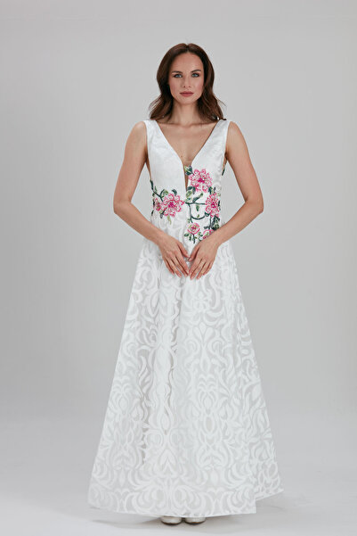 Neva Style White Evening Dress with Flower Detail 7626B