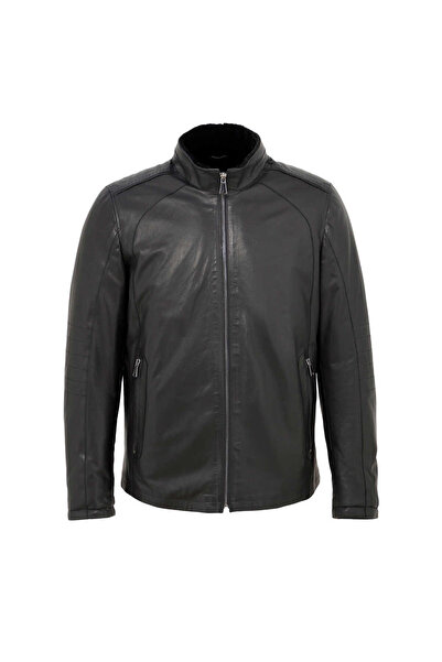 Tergan معطف رجالي من الجلد الطبيعي باللون الأسود - E23BKM310468-Q3H