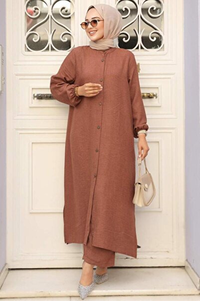 Neva Style Brown Hijab Double Set - Buttoned, 19017KH