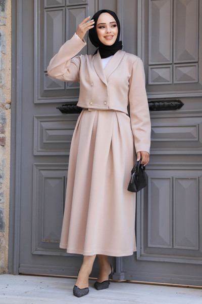 Neva Style Jacketed Beige Hijab Skirted Two-Piece Set 681Bej