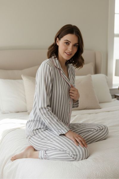 Bravie Luxury Viscose Gray Striped Women's Long Sleeve Pajama Set – 42547
