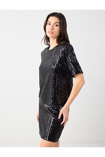 Jimmy Key Bluză neagră confortabilă croială cu gât rotund cu paiete din material subțire