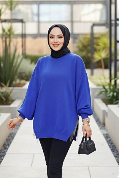 Neva Style Sax Blue Hijab Sweater Tunic with Chain Detail 17202Sx