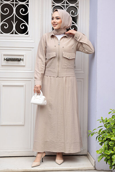 N.S NEVA STYLE Dark Beige Hijab Skirt Double Suit with Jacket 44723Kbej