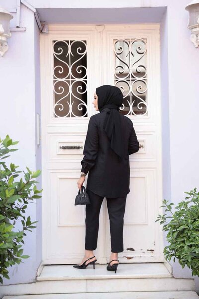 Neva Style Gingham Detailed Black Hijab Double Suit 12191S