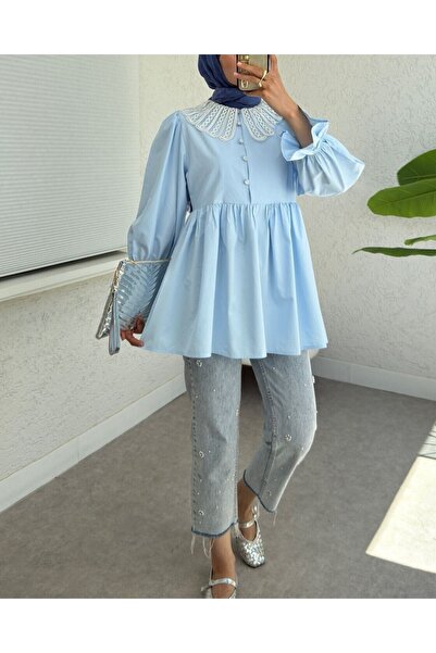 Modamorfo Organza Baby Collar Half Button Tunic with Elastic Sleeves - Baby Blue