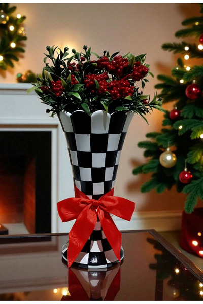 VERA HOME DECOR Seramik, El boyaması, Dama Desenli, Yapay Kokina çiçeği HEDİYELİ, Kurdeleli Dekoratif Vazo, Şah küp