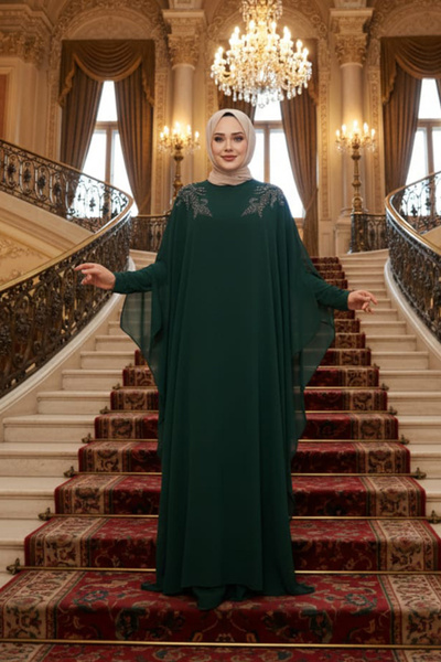 Neva Style Emerald Green Hijab Abaya with Poncho Detail 25908Zy