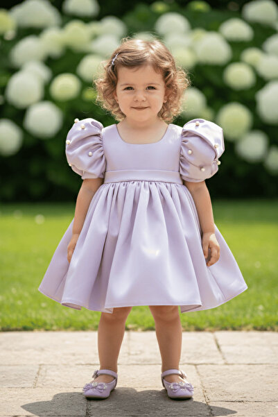Bertuğ Bebek İncili Balon Kol Kız Çocuk Bebek Saten Lila Abiye Gelinlik Elbise