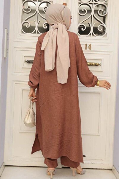 Neva Style Brown Hijab Double Set - Buttoned, 19017KH