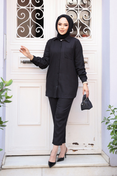 Neva Style Gingham Detailed Black Hijab Double Suit 12191S