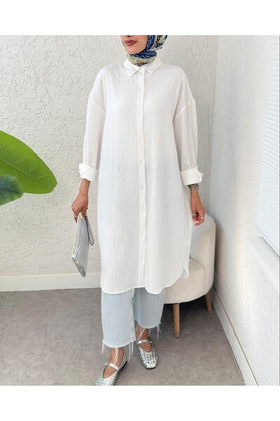 Modamorfo Oval Cut Karash Long Casual Tunic -White