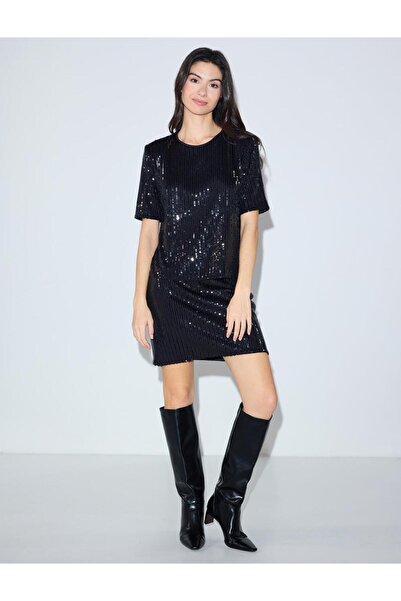 Jimmy Key Bluză neagră confortabilă croială cu gât rotund cu paiete din material subțire