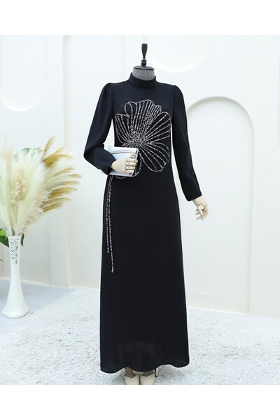 Modamorfo Βραδινό φόρεμα ψηλός λαιμός Crepe με σχέδιο πέτρας τριφύλλι -Μαύρο