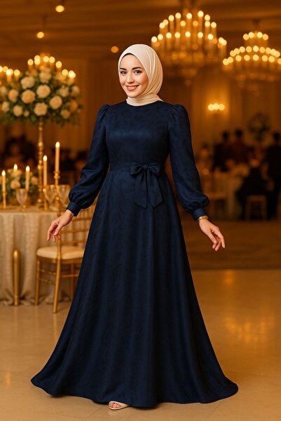 N.S NEVA STYLE Desenli Lacivert Tesettür Abiye Elbise 23274L