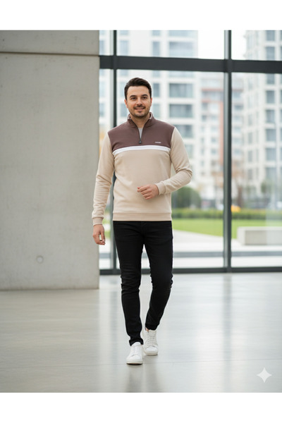 Yarım fermuarlı bej triko sweat