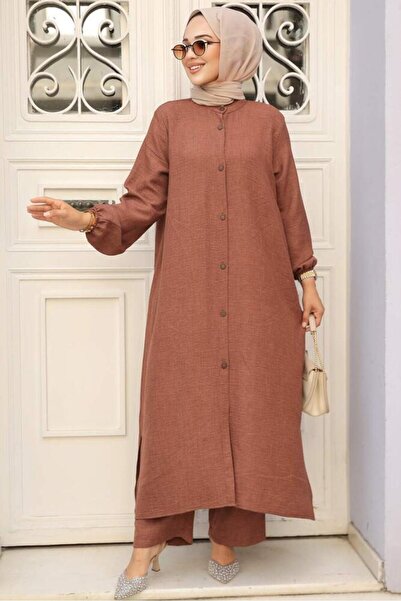 Neva Style Brown Hijab Double Set - Buttoned, 19017KH