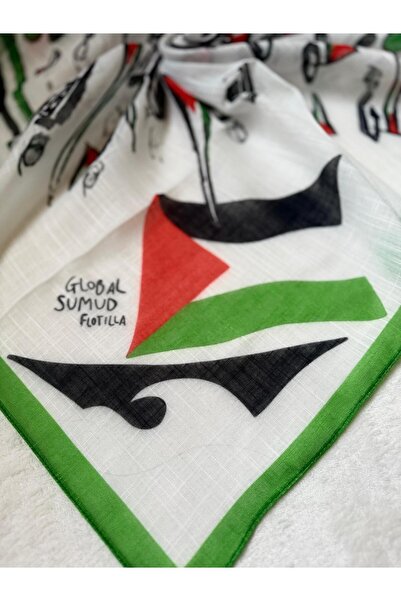 HURİSÖNMEZ Sumud Fleet Themed Palestinian Flag Girl's Scarf 80*80 cm Cotton-Linen