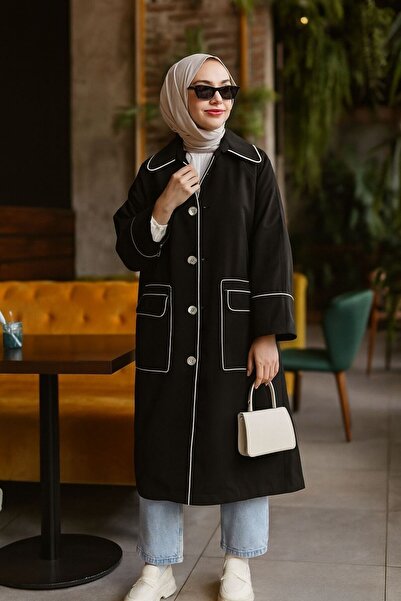 Neva Style Μαύρο Hijab Trench Coat με κουμπί 9206