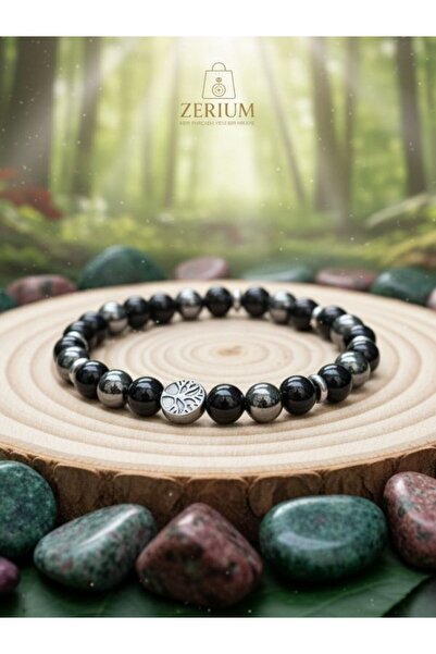 ZERİUM Hayat Ağacı Figürlü Oniks ve Hematit Doğal Taş Bileklik Güç Huzur ve D...