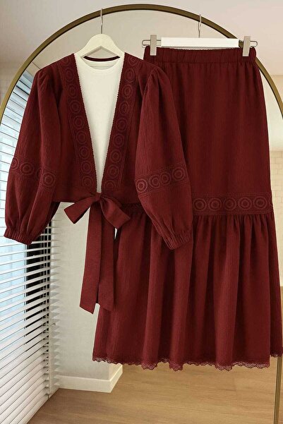 N.S NEVA STYLE Lace Detailed Burgundy Hijab Skirt Double Set 40201Br