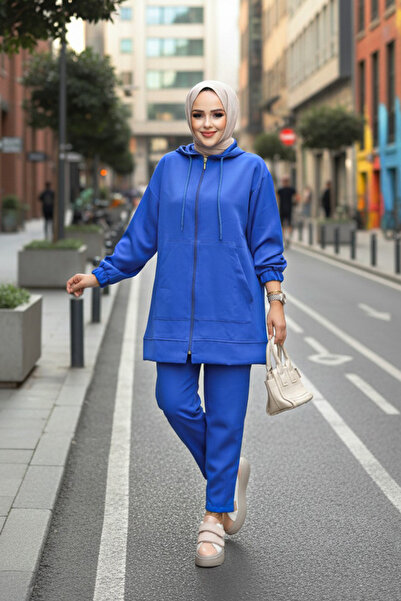 Neva Style Zippered Sax Blue Hijab Double Set 10400SX