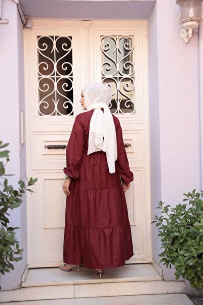 N.S NEVA STYLE Buttoned Burgundy Hijab Dress 30391Br