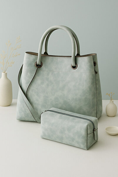 ŞIK VE MUTLU Turquoise Vegan Nubuck Leather Premium 2 Piece Hand Shoulder Bag
