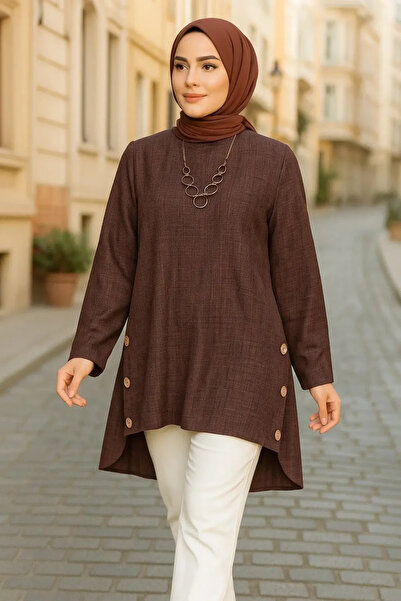 Neva Style Κουμπί Λεπτομερής Καφέ Χιτζάμπ τουνίκ 41281KH