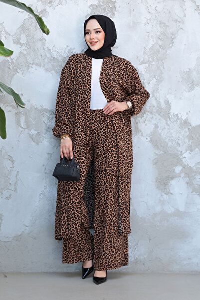 Neva Style Leopard Patterned Hijab Double Kimono Set 12882Lp
