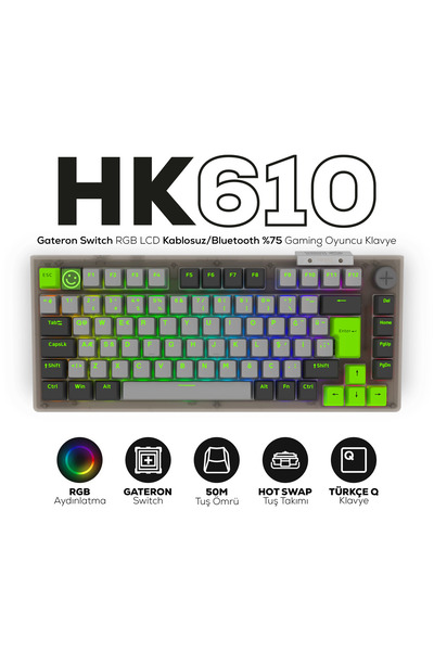 Hawk Gaming Chair HK610 Gateron Switch RGB LCD Tri-Mode Kablosuz/Bluetooth %75 Gaming Oyuncu Klavye