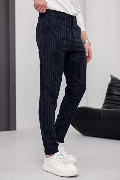 MODAMESTO Erkek Lacivert Çizgili Slim Fit Kumaş Pantolon