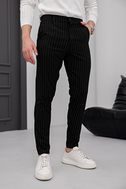 MODAMESTO Pantaloni slim din material cu dungi negre pentru bărbați
