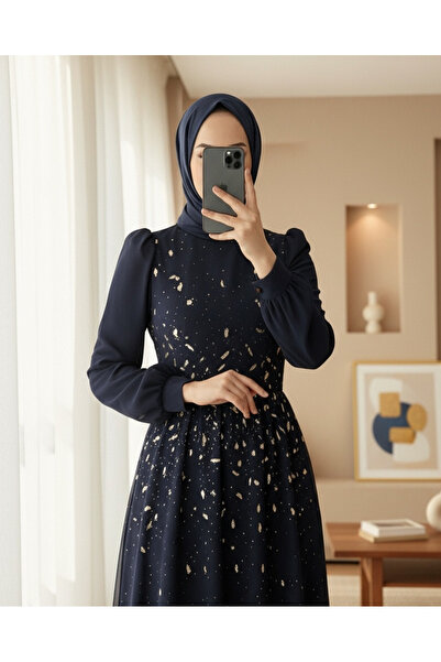 Modamorfo Lined Tulle Evening Dress with Stone Detail on the Front - Navy Blue