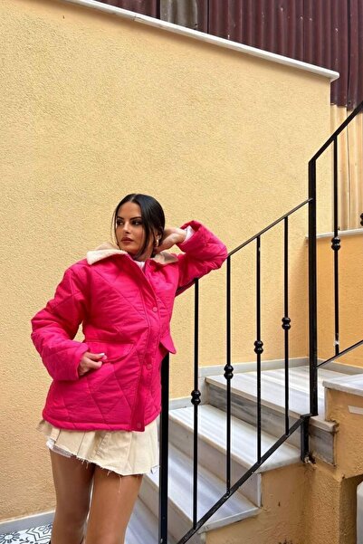 comstar Women's Fur Collar Argyle Patterned Quilted Fuchsia Coat