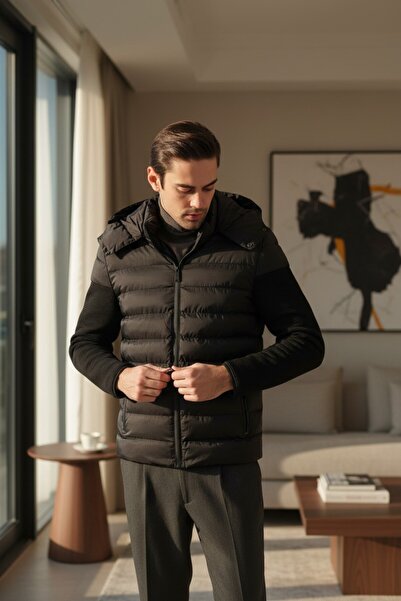 Frappoli Ανδρικό παλτό με κουκούλα με πλεκτό ριμπ μανίκι