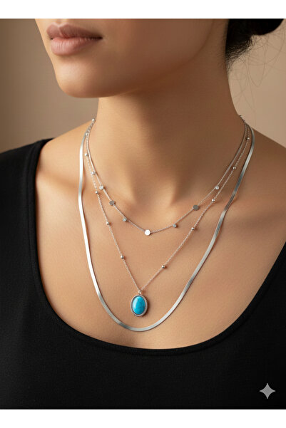 Jewerly قلادة نسائية أنيقة ثلاثية باللون الرمادي الفيروزي