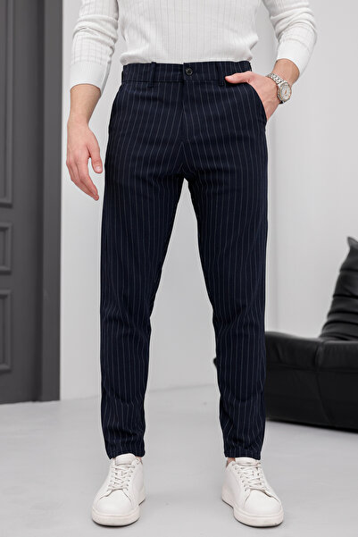 MODAMESTO Erkek Lacivert Çizgili Slim Fit Kumaş Pantolon