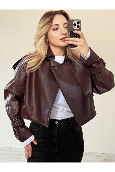 BeeYouStudio Single Button Burgundy Leather Jacket with Belted Sleeves