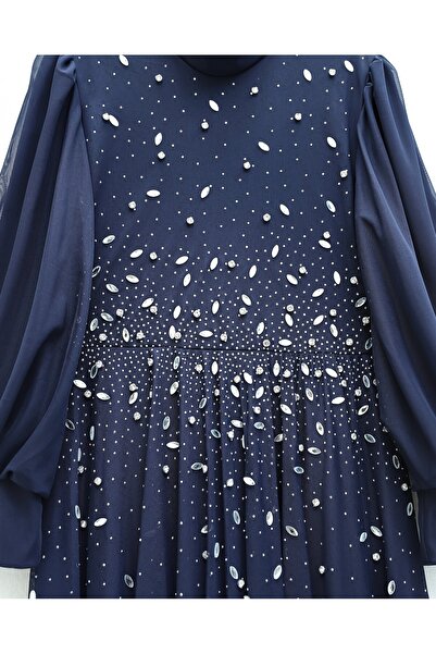 Modamorfo Lined Tulle Evening Dress with Stone Detail on the Front - Navy Blue